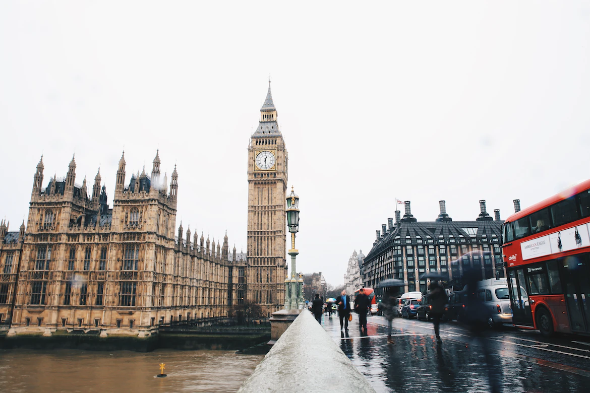 Palace of Westminster and Westminster bridge on a rainy day.